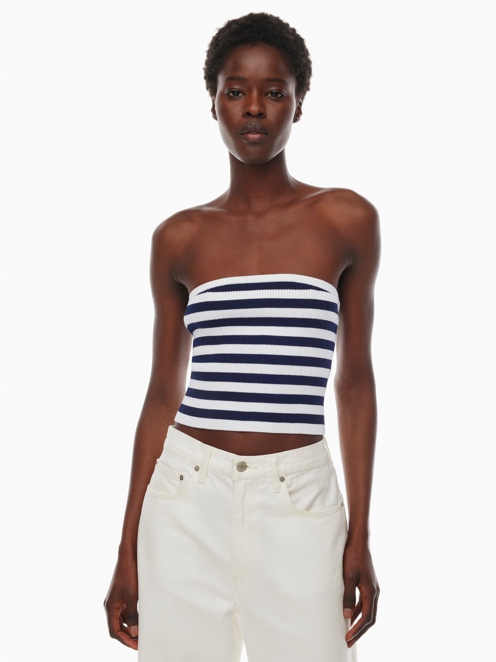 Aritzia inform tube top white and navy stripe